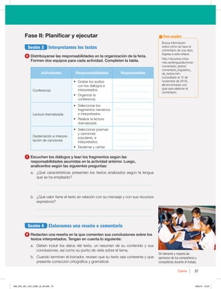 37
Cierre 37
Fase II: Planificar y ejecutar
Sesión 3 Interpretamos los textos
6 Distribúyanse las responsabilidades en la organización de la feria.
Formen dos equipos para cada actividad. Completen la tabla.
Actividades Responsabilidades Responsables
Conferencia
t (SBCBSMPTBVEJPT
DPOMPTEJÈMPHPTF
JOUFSQSFUBSMPT
t 0SHBOJ[BSMB
DPOGFSFODJB
_____________________
_____________________
_____________________
-FDUVSBESBNBUJ[BEB
t 4FMFDDJPOBSMPT
GSBHNFOUPTOBSSBUJWPT
FJOUFSQSFUBSMPT
t 3FBMJ[BSMBMFDUVSB
ESBNBUJ[BEB
_____________________
_____________________
_____________________
%FDMBNBDJØOFJOUFSQSF-
UBDJØOEFDBODJPOFT
t 4FMFDDJPOBSQPFNBT
ZDBODJPOFT
QPQVMBSFT F
JOUFSQSFUBSMPT
t %FDMBNBSZDBOUBS
_____________________
_____________________
_____________________
7 Escuchen los diálogos y lean los fragmentos según las
responsabilidades asumidas en la actividad anterior. Luego,
analícenlos según las siguientes preguntas:
B {2VÏDBSBDUFSÓTUJDBTQSFTFOUBOMPTUFYUPTBOBMJ[BEPTTFHÞOMBMFOHVB
RVFTFIBFNQMFBEP 
_____________________________________________________________
_____________________________________________________________
C {2VÏWBMPSUJFOFFMUFYUPFOSFMBDJØODPOTVNFOTBKFZDPOTVTSFDVSTPT
FYQSFTJWPT
_____________________________________________________________
_____________________________________________________________
Sesión 4 Elaboramos una reseña o comentario
8 Redacten una reseña en la que comenten sus conclusiones sobre los
textos interpretados. Tengan en cuenta lo siguiente:
B %FCFOJODMVJSMPTEBUPTEFMUFYUP VOSFTVNFOEFTVDPOUFOJEPZTVT
DPODMVTJPOFT BTÓDPNPTVQVOUPEFWJTUBTPCSFFMUFNB
C $VBOEPUFSNJOFOFMCPSSBEPS SFWJTFORVFTVUFYUPTFBDPIFSFOUFZRVF
QSFTFOUFDPSSFDDJØOPSUPHSÈGJDBZHSBNBUJDBM
Sé tolerante y respeta las
opiniones de tus compañeros y
compañeras durante el trabajo.
#VTDBJOGPSNBDJØO
TPCSFDØNPTFIBDFFM
DPNFOUBSJPEFVOBPCSB
*OHSFTBBFTUFFOMBDF
IUUQSFDVSTPTDOJDF
NFDFTMFOHVBBMVNOPT
DPNFOUBSJP@UFYUPT
DPNFOUBSJP@MJOHVJTUJDP@
EF@UFYUPTIUN
DPOTVMUBEPFMEF
OPWJFNCSFEF 
BMMÓFODPOUSBSÈTVOB
HVÓBQBSBFMBCPSBSFM
DPNFOUBSJP
Para ampliar
030_043_U01_LICI_COM_LA_4S.indd 37 6/05/16 16:33
 