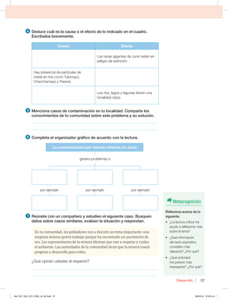 Desarrollo 57
4 %FEVDFDVÈMFTMBDBVTBPFMFGFDUPEFMPJOEJDBEPFOFMDVBESP
Escríbelos brevemente.
Causa Efecto
-BTSBOBTHJHBOUFTEF+VOÓOFTUÈOFO
peligro de extinción.
)BZQSFTFODJBEFQBSUÓDVMBTEF
NFUBMFOSÓPTDPNP5VMVNBZP 
$IBODIBNBZPZ1FSFOÏ
-PTSÓPT MBHPTZMBHVOBTUJFOFOVOB
tonalidad rojiza.
5 .FODJPOBDBTPTEFDPOUBNJOBDJØOFOUVMPDBMJEBE$PNQBSUFMPT
conocimientos de tu comunidad sobre este problema y su solución.
________________________________________________________________
________________________________________________________________
6 $PNQMFUBFMPSHBOJ[BEPSHSÈGJDPEFBDVFSEPDPOMBMFDUVSB
La contaminación por relaves mineros en Junín
por ejemplo por ejemplo
por ejemplo
genera problemas a
7 3FÞOFUFDPOVODPNQB×FSPZFTUVEJFOFMTJHVJFOUFDBTP#VTRVFO
EBUPTTPCSFDBTPTTJNJMBSFT FWBMÞFOMBTJUVBDJØOZSFTQPOEBO
En tu comunidad, los pobladores van a discutir un tema importante: una
empresa minera quiere trabajar porque ha encontrado un yacimiento de
oro. Los representantes de la minera afirman que van a respetar y cuidar
el ambiente. Las autoridades de la comunidad dicen que la minera traerá
progreso y desarrollo para todos.
¿Qué opinan ustedes al respecto?
________________________________________________________________
________________________________________________________________
Metacognición
3FGMFYJPOBBDFSDBEFMP
siguiente.
t {-BMFDUVSBDSÓUJDBNF
BZVEØBSFGMFYJPOBSNÈT
sobre el tema?
t {2VÏJOGPSNBDJØO
EFMUFYUPFYQPTJUJWP
considero más
SFMFWBOUF {1PSRVÏ
t {2VÏBDUJWJEBE
me pareció más
interesante? ¿Por qué?
044_057_U02_LICI_COM_LA_4S.indd 57 26/04/16 10:35 a.m.
 