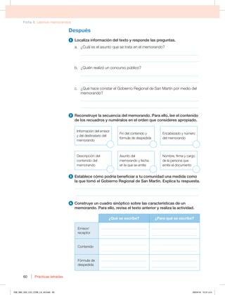 Ficha 4. Leemos memorandos
Prácticas letradas
60
Después
1 -PDBMJ[BJOGPSNBDJØOEFMUFYUPZSFTQPOEFMBTQSFHVOUBT
B {$VÈMFTFMBTVOUPRVFTFUSBUBFOFMNFNPSBOEP
_____________________________________________________________
_____________________________________________________________
C {2VJÏOSFBMJ[ØVODPODVSTPQÞCMJDP
_____________________________________________________________
_____________________________________________________________
D {2VÏIBDFDPOTUBSFM(PCJFSOP3FHJPOBMEF4BO.BSUÓOQPSNFEJPEFM
memorando?
_____________________________________________________________
_____________________________________________________________
2 3FDPOTUSVZFMBTFDVFODJBEFMNFNPSBOEP1BSBFMMP MFFFMDPOUFOJEP
EFMPTSFDVBESPTZOVNÏSBMPTFOFMPSEFORVFDPOTJEFSFTBQSPQJBEP
Información del emisor
y del destinatario del
memorando
'JOEFMDPOUFOJEPZ
fórmula de despedida
Encabezado y número
del memorando
%FTDSJQDJØOEFM
contenido del
memorando
TVOUPEFM
NFNPSBOEPZGFDIB
en la que se emite
/PNCSF GJSNBZDBSHP
de la persona que
emite el documento
3 TUBCMFDFDØNPQPESÓBCFOFGJDJBSBUVDPNVOJEBEVOBNFEJEBDPNP
MBRVFUPNØFM(PCJFSOP3FHJPOBMEF4BO.BSUÓOYQMJDBUVSFTQVFTUB
________________________________________________________________
________________________________________________________________
4 $POTUSVZFVODVBESPTJOØQUJDPTPCSFMBTDBSBDUFSÓTUJDBTEFVO
NFNPSBOEP1BSBFMMP SFWJTBFMUFYUPBOUFSJPSZSFBMJ[BMBBDUJWJEBE
¿Qué se escribe? ¿Para qué se escribe?
Emisor/
receptor
__________________________
__________________________
__________________________
__________________________
Contenido
__________________________
__________________________
__________________________
__________________________
'ØSNVMBEF
despedida
__________________________
__________________________
__________________________
__________________________
058_069_U02_LICI_COM_LA_4S.indd 60 26/04/16 10:31 a.m.
 