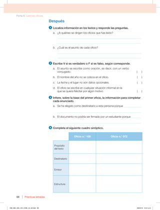 Ficha 6. Leemos oficios
Prácticas letradas
68
Después
1 -PDBMJ[BJOGPSNBDJØOFOMPTUFYUPTZSFTQPOEFMBTQSFHVOUBT
B {RVJÏOFTTFEJSJHFOMPTPGJDJPTRVFIBTMFÓEP 
_____________________________________________________________
_____________________________________________________________
C {$VÈMFTFMBTVOUPEFDBEBPGJDJP 
_____________________________________________________________
_____________________________________________________________
2 TDSJCF7TJFTWFSEBEFSPP'TJFTGBMTP TFHÞODPSSFTQPOEF
a. El asunto se escribe como oración, es decir, con un verbo
DPOKVHBEP 
b. El nombre del año no se coloca en el oficio. ( )
D -BGFDIBZFMMVHBSOPTPOEBUPTPQDJPOBMFT 
d. El oficio se escribe en cualquier situación informal en la
RVFTFRVJFSBGFMJDJUBSQPSBMHÞONPUJWP 
3 *OGJFSF TPCSFMBCBTFEFMQSJNFSPGJDJP MBJOGPSNBDJØOQBSBDPNQMFUBS
DBEBFOVODJBEP
B 4FIBFMFHJEPDPNPEFTUJOBUBSJPBFTUBQFSTPOBQPSRVF_____________
_____________________________________________________________
b. El documento no podría ser firmado por un estudiante porque _______
_____________________________________________________________
4 $PNQMFUBFMTJHVJFOUFDVBESPTJOØQUJDP
Oficio n.° 100 Oficio n.° 072
Propósito
del texto
%FTUJOBUBSJP
Emisor
Estructura
058_069_U02_LICI_COM_LA_4S.indd 68 26/04/16 10:31 a.m.
 