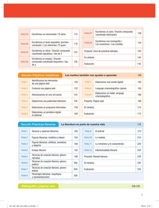 Ficha 1
Identificamos los elementos
de una página web
150
Ficha 2 Creamos una página web 152
Ficha 3 Interactuamos en una red social 154
Ficha 4 Elaboramos una publicidad televisiva 156
Ficha 5 Elaboramos un programa informativo 158
Ficha 6
Elaboramos un periódico digital:
el editorial
160
Ficha 7 Elaboramos una revista digital 162
Ficha 8 Lenguaje cinematográfico: planos 164
Ficha 9
Elaboramos un tráiler: lenguaje
cinematográfico
166
Proyecto: Página web 168
En síntesis 174
Evaluación 175
Sección Prácticas mediáticas Los medios también nos ayudan a aprender 148
Ficha 1 Géneros y especies literarios 180
Ficha 2 Figuras literarias: metáfora y elipsis 184
Ficha 3
Figuras literarias: antítesis, sinestesia
y alegoría
188
Ficha 4 Ensayo literario 192
Ficha 5
Técnicas de creación literaria: género
narrativo
196
Ficha 6
Técnicas de creación literaria: género
poético
200
Ficha 7
Técnicas de creación literaria: género
teatral
204
Ficha 8
Personajes literarios: arquetipos
y representaciones
208
Ficha 9 El policial 212
Ficha 10 Lo realista 216
Ficha 11 Lo romántico y lo costumbrista 220
Ficha 12 Intertextualidad literaria 224
Proyecto: Revista literaria 228
En síntesis 234
Evaluación 235
Sección Prácticas literarias La literatura es parte de nuestra vida 178
Bibliografía y páginas web 238-239
Ficha 23 Escribimos un memorando / El verbo 114
Ficha 24
Escribimos un texto expositivo: premisa-
conclusión / Los referentes / El guion
118
Ficha 25
Escribimos un oficio / Oración compuesta
coordinada copulativa / Uso de ll
122
Ficha 26
Escribimos un ensayo / Oración
compuesta coordinada disyuntiva / Uso
de y
126
Ficha 27
Escribimos un acta / Oración compuesta
coordinada adversativa
130
Ficha 28
Escribimos una monografía /
Los conectores / Las comillas
134
Proyecto: Feria de prácticas letradas 138
En síntesis 144
Evaluación 145
7
001_007_U00_LICI_COM_LA_4S.indd 7 9/5/16 14:27
 
