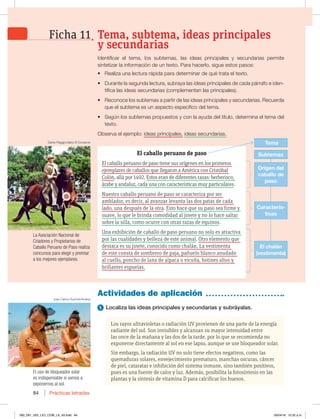 Prácticas letradas
84
Los rayos ultravioletas o radiación UV provienen de una parte de la energía
radiante del sol. Son invisibles y alcanzan su mayor intensidad entre
las once de la mañana y las dos de la tarde, por lo que se recomienda no
exponerse directamente al sol en ese lapso, aunque se use bloqueador solar.
Sin embargo, la radiación UV no solo tiene efectos negativos, como las
quemaduras solares, envejecimiento prematuro, manchas oscuras, cáncer
de piel, cataratas e inhibición del sistema inmune, sino también positivos,
pues es una fuente de calor y luz. Además, posibilita la fotosíntesis en las
plantas y la síntesis de vitamina D para calcificar los huesos.
Actividades de aplicación
1 Localiza las ideas principales y secundarias y subráyalas.
Identificar el tema, los subtemas, las ideas principales y secundarias permite
sintetizar la información de un texto. Para hacerlo, sigue estos pasos:
t Realiza una lectura rápida para determinar de qué trata el texto.
t Durante la segunda lectura, subraya las ideas principales de cada párrafo e iden-
tifica las ideas secundarias (complementan las principales).
t Reconoce los subtemas a partir de las ideas principales y secundarias. Recuerda
que el subtema es un aspecto específico del tema.
t Según los subtemas propuestos y con la ayuda del título, determina el tema del
texto.
Observa el ejemplo: ideas principales, ideas secundarias.
El caballo peruano de paso
El caballo peruano de paso tiene sus orígenes en los primeros
ejemplares de caballos que llegaron a América con Cristóbal
Colón, allá por 1492. Estos eran de diferentes razas: berberisco,
árabe y andaluz, cada una con características muy particulares.
Nuestro caballo peruano de paso se caracteriza por ser
amblador, es decir, al avanzar levanta las dos patas de cada
lado, una después de la otra. Esto hace que su paso sea firme y
suave, lo que le brinda comodidad al jinete y no lo hace saltar
sobre la silla, como ocurre con otras razas de equinos.
Una exhibición de caballo de paso peruano no solo es atractiva
por las cualidades y belleza de este animal. Otro elemento que
destaca es su jinete, conocido como chalán. La vestimenta
de este consta de sombrero de paja, pañuelo blanco anudado
al cuello, poncho de lana de alpaca o vicuña, botines altos y
brillantes espuelas.
Tema
La Asociación Nacional de
Criadores y Propietarios de
Caballo Peruano de Paso realiza
concursos para elegir y premiar
a los mejores ejemplares.
El uso de bloqueador solar
es indispensable si vamos a
exponernos al sol.
Tema, subtema, ideas principales
y secundarias
Ficha 11
Dante Piaggio/diario El Comercio
Juan Carlos Guzmán/Andina
El chalán
(vestimenta)
Caracterís-
ticas
Subtemas
Origen del
caballo de
paso
082_091_U02_LICI_COM_LA_4S.indd 84 26/04/16 10:32 a.m.
 