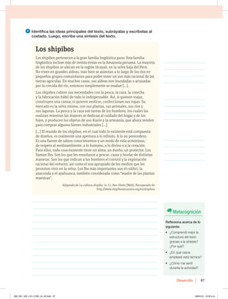 Desarrollo 87
2 Identifica las ideas principales del texto, subráyalas y escríbelas al
costado. Luego, escribe una síntesis del texto.
Los shipibos
Los shipibos pertenecen a la gran familia lingüística pano. Esta familia
lingüística incluye más de treinta etnias en la Amazonía peruana. La mayoría
de los shipibos se ubican en la región Ucayali, en la selva baja del Perú.
No viven en grandes aldeas, más bien se asientan a lo largo de los ríos en
pequeños grupos comunitarios para poder tener un uso más racional de las
tierras agrícolas. En muchos casos, sus aldeas son inundadas o arrasadas
por la crecida del río, entonces simplemente se mudan [...].
Los shipibos cubren sus necesidades con la pesca, la caza, la cosecha
y la fabricación hábil de todo lo indispensable. Así, si quieren viajar,
construyen una canoa; si quieren vestirse, confeccionan sus ropas. Su
mercado es la selva misma, con sus plantas, sus animales, sus ríos y
sus lagunas. La pesca y la caza son tareas de los hombres, los cuales las
realizan mientras las mujeres se dedican al cuidado del hogar y de los
hijos, y producen los objetos de uso diario y la artesanía, que ahora venden
para comprar algunos bienes industriales [...].
[...] El mundo de los shipibos, en el cual todo lo existente está compuesto
de diseños, es realmente una apertura a lo infinito. A lo no perecedero.
Es una fuente de sabios conocimientos y un modo de vida armonioso,
de respeto al medioambiente, a lo humano, a lo divino y a la creación.
Para ellos, toda cosa existente tiene un alma, un dueño, un protector. Los
llaman Ibo. Son los que les enseñaron a pescar, cazar y bordar de distintas
maneras. Son los que indican a los hombres el control y la explotación
racional del entorno, así como el uso apropiado de los medios que les
permiten vivir en la selva. Los Ibo más importantes son el colibrí, la
anaconda y el ayahuasca, también considerada como “madre de las plantas
maestras”.
Adaptado de La cultura shipibo. (s. f.). Rao Shobo [Web]. Recuperado de
http://www.shipiboamazonia.org/es/shipibos
Metacognición
Reflexiona acerca de lo
siguiente:
t {$PNQSFOEÓNFKPSMB
estructura del texto
gracias a la síntesis?
{1PSRVÏ
t {ORVÏDBTPT
emplearé esta técnica?
t {$ØNPNFTFOUÓ
durante la actividad?
________________________________________________________________
________________________________________________________________
________________________________________________________________
________________________________________________________________
________________________________________________________________
________________________________________________________________
________________________________________________________________
________________________________________________________________
________________________________________________________________
________________________________________________________________
________________________________________________________________
________________________________________________________________
_____________________
_____________________
_____________________
_____________________
_____________________
_____________________
_____________________
_____________________
_____________________
_____________________
_____________________
_____________________
082_091_U02_LICI_COM_LA_4S.indd 87 26/04/16 10:32 a.m.
 