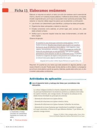 Prácticas letradas
88
Elaborar un resumen es reducir un texto con el fin de mantener solo lo esencial del
mismo y decirlo con nuestras propias palabras. A diferencia de la síntesis, se respeta
el estilo original del autor, por lo que no se pueden incluir opiniones personales. Para
redactar un resumen debes seguir los pasos que se presentan a continuación:
t Lee el texto con detenimiento para identificar y subrayar las ideas principales.
t Organiza las ideas subrayadas y redacta tu resumen.
t Emplea conectores como además, en primer lugar, pero, aunque, etc., para
darle cohesión al texto.
t Verifica que tu resumen respete todas las ideas fundamentales y el estilo del
texto original.
Observa el ejemplo:
Resumen: El urushiol es una resina que está presente en algunas plantas y que
causa irritación a la piel. Puede pasar de las plantas a otros objetos o propagarse
por el humo de la planta cuando se quema. Además, puede estar activo por un año
si existen adecuadas condiciones.
La cultura indígena (andina) es fuente y depósito de la sabiduría de vida.
Su principio fundamental es la existencia armónica y solidaria entre todos
los sujetos vivientes, aún consigo mismo. Al respecto, los aimaras en los
Andes hemos heredado los principios de armonía:
– Armonía de relaciones en el plano divino.
– Armonía de relaciones en el plano cósmico: tierra.
– Armonía de relaciones en el plano humano: la familia, los vecinos.
– Armonía de acciones humanas que transforman la realidad: el pasado
es lo que conocemos, el futuro es lo que debemos diseñar. Y, por último, la
armonía consigo mismo.
Llanque, D. (2004.). Vida y teología andina. Cusco, Perú:
Centro de Estudios Regionales Andinos Bartolomé de Las Casas.
Actividades de aplicación
1 Lee el siguiente texto y subraya las ideas que consideres más
relevantes.
La reciprocidad y el trabajo
comunitario son características
importantes en el mundo rural
andino.
Elaboramos resúmenes
Ficha 13
El urushiol es una resina que contienen ciertas plantas, como la
hiedra venenosa. Resulta muy irritante para la piel y se transfiere
fácilmente desde las plantas a otros objetos, como juguetes, ropa,
zapatos, herramientas, animales, y hasta se propaga por medio del
humo de una planta que se está quemando. Este químico puede
permanecer activo durante un año en condiciones secas. La palabra
urushiol es originaria de Japón y está presente en el arbusto del que
se extrae la laca para algunas artesanías de ese país.
Adaptado de El urushiol. (2006). Popular Mechanics en español, (59), p. 34.
Archivo/Andina
082_091_U02_LICI_COM_LA_4S.indd 88 26/04/16 10:32 a.m.
 