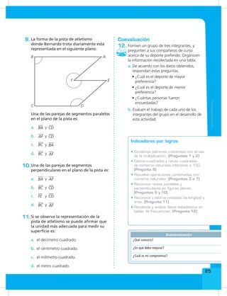 25
La forma de la pista de atletismo
donde Bernardo trota diariamente está
representada en el siguiente plano:
9.
Una de las parejas de segmentos paralelos
en el plano de la pista es:
Si se observa la representación de la
pista de atletismo se puede afirmar que
la unidad más adecuada para medir su
superficie es:
11.
el decímetro cuadrado.a.
el centímetro cuadrado.b.
el milímetro cuadrado.c.
el metro cuadrado.d.
ya. BA CD
yb. CDAF
yc. BABC
yd. AFBC
Una de las parejas de segmentos
perpendiculares en el plano de la pista es:
10.
ya. BA AF
yb. CDBC
yd. AFBC
yc. CDFE
B
C D
A
F E
Autoevaluación
¿Qué conozco?
¿En qué debo mejorar?
¿Cuál es mi compromiso?
Formen un grupo de tres integrantes, y
pregunten a sus compañeros de curso
acerca de su deporte preferido. Organicen
la información recolectada en una tabla.
a. De acuerdo con los datos obtenidos,
respondan estas preguntas.
• ¿Cuál es el deporte de mayor
preferencia?
• ¿Cuál es el deporte de menor
preferencia?
• ¿Cuántas personas fueron
encuestadas?
b. Evaluen el trabajo de cada uno de los
integrantes del grupo en el desarrollo de
esta actividad.
Coevaluación
12.
Indicadores por logros
• Construye patrones crecientes con el uso
de la multiplicación. (Preguntas 1 y 2)
• Estima cuadrados y raíces cuadradas
de números naturales inferiores a 100.
(Pregunta 8)
• Resuelve operaciones combinadas con
números naturales. (Preguntas 3 a 7)
• Reconoce rectas paralelas y
perpendiculares en figuras planas.
(Preguntas 9 y 10)
• Reconoce y estima unidades de longitud y
área. (Pregunta 11)
• Recolecta y analiza datos estadísticos en
tablas de frecuencias. (Pregunta 12)
 