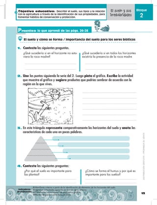 Objetivo educativo: Describir el suelo, sus tipos y la relación
con la agricultura a través de la identificación de sus propiedades, para
fomentar hábitos de conservación y protección.
Practico lo que aprendí de las págs. 26-28
2
4
6
8
10
12
14
16
18
20
22
24
26
28
30
32
34
36
38
2. Une los puntos siguiendo la serie del 2. Luego pinta el gráfico. Escribe la actividad
que muestra el gráfico y sugiere productos que podrías sembrar de acuerdo con la
región en la que vives.
1. Contesta las siguientes preguntas.
3. En este triángulo representa comparativamente los horizontes del suelo y anota las
características de cada uno en pocas palabras.
4. Contesta las siguientes preguntas:
¿Por qué el suelo es importante para
las plantas?
¿Cómo se forma el humus y por qué es
importante para los suelos?
DISTRIBUCIÓNGRATUITA–PROHIBIDASUVENTA
El suelo y cómo se forma / Importancia del suelo para los seres bióticos
¿Qué sucedería si en el horizonte no estu-
viera la roca madre?
¿Qué sucedería si en todos los horizontes
existiría la presencia de la roca madre
13
Bloque
2
❂ Manifiesta criterios a partir de la identificación de elementos de los horizontes del suelo.
❂ Identifica actividades agrícolas en función de su entorno.
❂ Caracteriza los horizontes del suelo en un gráfico.
❂ Plantea respuestas sobre tipos de suelos.
El suelo y sus
irregularidades
Indicadores
de evaluación
 