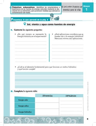 Objetivo educativo: Identificar las características e
importancia de las fuentes de energía naturales mediante la des-
cripción de sus elementos, para promover medidas que atenúen la
contaminación del medio.
3
Bloque
1
1. Contesta las siguientes preguntas:
2. Completa la siguiente tabla:
Practico lo que aprendí de la pág. 8
El Sol como fuente de
energía para la vida
•	 ¿Cuál es el elemento fundamental para que funcione un molino hidráulico
y qué función cumple?
•	 ¿De qué manera se representa la
energía hidráulica en el experimento?
•	 ¿Qué aplicaciones consideras que se
pueden dar a la energía hidráulica?
Menciona mínimo dos aplicaciones.
Energía solar
Energía eólica
Energía hidráulica
Diferencias Semejanzas
Sol, viento y agua como fuentes de energía
DISTRIBUCIÓNGRATUITA–PROHIBIDASUVENTA
 