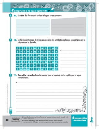 32
Evaluación
sumativa
6. En la siguiente sopa de letras encuentra las utilidades del agua y anótalas en la
columna de la derecha.
7. Consulta y escribe la enfermedad que se ha dado en tu región por el agua
contaminada.
a l i m e n t a c i o n
j n a v e g a c i o n a
u e y a t i p o l u i s
n n o i c a e r c e r e
e a o s o a t v b n u o
w a g r i c u l t u r a
c o m u n i c a c i o n
5. Escribe dos formas de utilizar el agua correctamente.
DISTRIBUCIÓNGRATUITA–PROHIBIDASUVENTA
Compruebo lo que aprendí
2
Puntos
4
Puntos
4
Puntos
20
Total
puntos
❂ Describe las características físicas del agua y su importancia para la vida
de los seres vivos.
❂ Propone estrategias que se puedan llevar a cabo, para evitar la
contaminación del agua por microorganismos que causan enfermedades.
Indicadores
esenciales
de evaluación
 