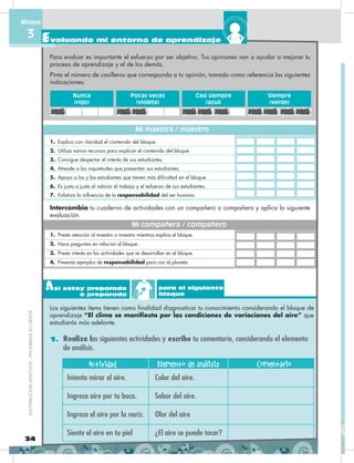 Para evaluar es importante el esfuerzo por ser objetivo. Tus opiniones van a ayudar a mejorar tu
proceso de aprendizaje y el de los demás.
Pinta el número de casilleros que corresponda a tu opinión, tomado como referencia las siguientes
indicaciones:
Intercambia tu cuaderno de actividades con un compañero o compañera y aplica la siguiente
evaluación.
1. Explica con claridad el contenido del bloque.
2. Utiliza varios recursos para explicar el contenido del bloque.
3. Consigue despertar el interés de sus estudiantes.
4. Atiende a las inquietudes que presentan sus estudiantes.
5. Apoya a los y las estudiantes que tienen más dificultad en el bloque.
6. Es justo o justa al valorar el trabajo y el esfuerzo de sus estudiantes.
7. Enfatiza la influencia de la responsabilidad del ser humano.
1. Presta atención al maestro o maestra mientras explica el bloque.
2. Hace preguntas en relación al bloque.
3. Presta interés en las actividades que se desarrollan en el bloque.
4. Presenta ejemplos de responsabilidad para con el planeta.
Nunca
(rojo)
Casi siempre
(azul)
Pocas veces
(violeta)
Siempre
(verde)
Mi maestra / maestro
Mi compañera / compañero
34
DISTRIBUCIÓNGRATUITA-PROHIBIDASUVENTA
1. Realiza las siguientes actividades y escribe tu comentario, considerando el elemento
de análisis.
Actividad Elemento de análisis Comentario
Así estoy preparado
o preparada
para el siguiente
bloque
Los siguientes ítems tienen como finalidad diagnosticar tu conocimiento considerando el bloque de
aprendizaje “El clima se manifiesta por las condiciones de variaciones del aire” que
estudiarás más adelante.
Intenta mirar el aire.
Ingresa aire por tu boca.
Ingresa el aire por la nariz.
Siente el aire en tu piel
Color del aire.
Sabor del aire.
Olor del aire
¿El aire se puede tocar?
Evaluando mi entorno de aprendizaje
Bloque
3
 