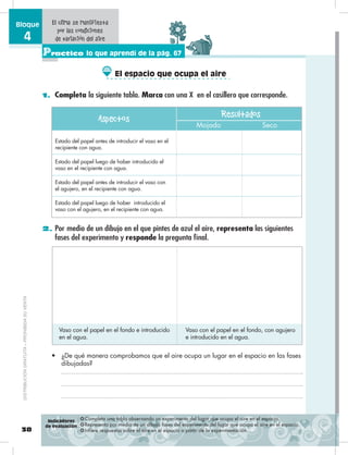 38
Bloque
4
Practico lo que aprendí de la pág. 67
1. Completa la siguiente tabla. Marca con una X en el casillero que corresponde.
2. Por medio de un dibujo en el que pintes de azul el aire, representa las siguientes
fases del experimento y responde la pregunta final.
❂ Completa una tabla observando un experimento del lugar que ocupa el aire en el espacio.
❂ Representa por medio de un dibujo fases del experimento del lugar que ocupa el aire en el espacio.
❂ Infiere respuestas sobre el aire en el espacio a partir de la experimentación.
El clima se manifiesta
por las condiciones
de variación del aire
Estado del papel antes de introducir el vaso en el
recipiente con agua.
Estado del papel luego de haber introducido el
vaso en el recipiente con agua.
Estado del papel antes de introducir el vaso con
el agujero, en el recipiente con agua.
Estado del papel luego de haber introducido el
vaso con el agujero, en el recipiente con agua.
ResultadosAspectos
Mojado Seco
Vaso con el papel en el fondo e introducido
en el agua.
Vaso con el papel en el fondo, con agujero
e introducido en el agua.
•	 ¿De qué manera comprobamos que el aire ocupa un lugar en el espacio en las fases
dibujadas?
Indicadores
de evaluación
El espacio que ocupa el aire
DISTRIBUCIÓNGRATUITA–PROHIBIDASUVENTA
 