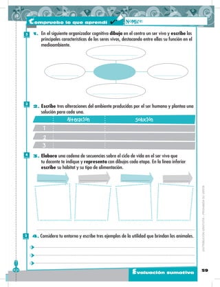 59
Evaluación sumativa
1. En el siguiente organizador cognitivo dibuja en el centro un ser vivo y escribe las
principales características de los seres vivos, destacando entre ellas su función en el
medioambiente.
2. Escribe tres alteraciones del ambiente producidas por el ser humano y plantea una
solución para cada una.
3. Elabora una cadena de secuencias sobre el ciclo de vida en el ser vivo que
tu docente te indique y representa con dibujos cada etapa. En la línea inferior
escribe su hábitat y su tipo de alimentación.
4. Considera tu entorno y escribe tres ejemplos de la utilidad que brindan los animales.
Alteración Solución
1
3
Nombre:
DISTRIBUCIÓNGRATUITA–PROHIBIDASUVENTA
Compruebo lo que aprendí
3
Puntos
3
Puntos
4
Puntos
2
Puntos
 