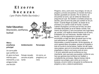Valor Educativo: Discreción, confianza, lealtad El zorro bocazas ( por Pedro Pablo Sacristán )  Pingüino, reno y zorro eran muy amigos. Un día, el pingüino y el reno encuentran un montón de fruta y deciden guardarlo en secreto. Por el camino, se encuentran al zorro, que al verles tan felices les pregunta por qué. Se resisten a contarlo porque es secreto, pero el zorro les pide que confíen en él y lo hacen. Cuando llegan al pueblo, se olvida de su promesa y lo cuenta a todo el mundo. Cuando vuelven el pingüino y el reno por la fruta, los otros animales del pueblo ya se la habían comido. Ese mismo día pingüino y reno encuentran otro lugar lleno de comida, y se repite la misma historia con el zorro. Enfadados por sus traiciones, deciden darle una lección, y al día siguiente le cuentan que han encontrado un lago tan lleno de peces que no hay que esforzarse en cogerlos. El zorro vuelve a traicionarles y cuenta el secreto. Al día siguiente, el zorro aparece lleno de golpes, porque al contarles a todo el mundo lo de los peces, habían ido allí hasta osos polares; pero al no encontrar peces se sintieron engañados y dieron una buena zurra al zorro Y el zorro aprendió que la confianza es muy importante, pero que para que puedan confiar en uno, hay que ganarse esa confianza con lealtad, y cumpliendo las promesas. Alguna trampa más le pusieron sus amigos, pero como ya no era un bocazas, el zorro volvió a recuperar la confianza de pingüino y reno, y éstos le perdonaron. Idea y enseñanza principal Ambientación Personajes Un zorro pide que confíen en él, pero no hace méritos para merecerlo, y sus amigos le dan una lección Paisaje nevado cercano al polo norte Un zorro, un pingüino y un reno 