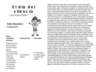 Valor Educativo: Integración El día del silencio ( por Pedro Pablo Sacristán )  Regal no podía oír nada. Era un niño normal en todo, pero había nacido sordo. Era muy famoso en el pueblo, y todos le trataban con mucho cariño, pero a la hora de la verdad, no le tenían muy en cuenta para muchas cosas. Los niños pensaban que podría hacerse daño, o que no reaccionaría rápido durante un juego sin oir la pelota, y los adultos actuaban como si no fuera capaz de entenderles, casi como si hablaran con un bebé. A Regal no le gustaba mucho esto, pero mucho menos aún a su amigo Manuel, que un dia decidió que aquello tenía que cambiar. Y como Manuel era el hijo del alcalde, convenció a su padre para que aquel año, en honor de Regal, dedicaran un día de las fiestas a quienes no pueden oir, y durante 24 horas todos llevaran unos tapones en los oidos con los que no se pudiera oír nada. La idea fue muy bien recibida, porque todos querían mucho a Regal, que durante las semanas previas a las fiestas tuvo que aguantar bastantes miradas de lástima y sonrisas compasivas. Y el Día del Silencio, como así lo llamaron, todos fueron a ponerse sus tapones con gran fiesta y alegría. La mañana estuvo llena de chistes, bromas y risas, pero según fueron pasando las horas, todos comenzaron a ser conscientes de las dificultades que tenían al no poder oir. Pero todo lo que aprendieron sobre lo difícil que era vivir así, no fue nada comparado con el gran descubrimiento del día: ¡Regal era un fenómeno! Como resultaba que ya nadie se fijaba en su sordera, aquel día Regal pudo jugar a todo como cualquier niño, y resultó que era buenísimo a casi todo. Y no sólo eso; Regal tenía una mente clara y ágil y aquel día como nadie tenía la prisa habitual todos pudieron atender a Regal, que era quien mejor se expresaba por gestos. Y todos quedaron sorprendidos de su inteligancia y creatividad, y su facilidad para inventar soluciones a casi cualquier problema. Y se dieron cuenta de que siempre había sido así, y que lo único que necesitaba Regal era un poco más de tiempo para expresarse bien. Así que el Día del Silencio fue el del gran descubrimiento de Regal, y de que había que dar a todos la oportunidad de demostrar lo que valían. Y para que otros aprendieran la misma lección, desde aquel día, cada vez que alguien visitaba el pueblo le recibían con gran alegría, poniéndole un gran gorro con el que no se podía oir nada. Idea y enseñanza principal Ambientación Personajes Debemos dar la oportunidad a quienes tienen alguna minusvalía para que demuestren todas sus cualidades, evitando que sus problemas nos impidan tratarlos con normalidad Un pueblo en fiestas Un niño sordo, su mejor amigo, y la gente del pueblo 