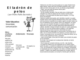 Valor Educativo: Sinceridad, comunicación El ladrón de pelos ( por Pedro Pablo Sacristán )  Valeria era una niña muy preocupada por su papá. Desde hacía algún tiempo, había visto que se estaba quedando calvo, y que cada vez tenía menos pelo. Un día, se atrevió a preguntárselo: - Papá, ¿por qué cada día tienes menos pelo? Su papá le dijo sonriente: - Es por el ladrón de pelos. Hay por esta zona un ladronzuelo chiquitito que visita mi cabeza por las noches cuando estoy dormido, y me quita todos los pelos que le da gana. ¡Y no hay forma de atraparlo! Valeria se quedó preocupada, pero decidida a ayudar a su papá, aquella misma noche aguantó despierta tanto como pudo. Cuando oyó los primeros ronquidos de su padre, agarró una gran maza y se fue a la habitación de sus padres. Entró muy despacito, sin hacer ruido, para que el ladrón de pelos no pudiera sentirla, y cuando llegó junto a su papá, se quedó observando detenidamente su cabeza, decidida a atrapar al ladrón de pelos en cuanto apareciera. Al poco, vio una una sombra sobre la cabeza, y con todas las fuerzas que tenía, lanzó el porrazo más fuerte que pudo. ¡Menudo golpe! Su papá pegó un enorme grito y se levantó de un salto, con un enorme chichón en la cabeza y un buen susto en el cuerpo. Al encerder la luz, se encontró con Valeria de frente, con la mano en alto sujetando la maza, y diciendo: - ¡casi lo tenía! papá. ¡Creo que le he dado, pero el ladrón de pelos se ha escapado! Al oir eso, y ver al papá con la cabeza bien dolorida, la mamá comenzó a reirse: - Eso te pasa por contarle tonterías a la niña - dijo divertida. Y el padre de Valeria tuvo que explicarle que no existía ningún ladrón de pelos, y contarle la verdad de por qué se quedaba calvo. Y así, con la ayuda de un gran chichón en su cabeza, comprendió lo importante que era no engañar a los niños y contarles siempre la verdad. Y Valeria, que seguía preocupada por su papá, dejó de buscar ladrones de pelos, y le compró un bonito gorro de dormir. Idea y enseñanza principal Ambientación Personajes Hay que explicar las cosas a los niños porque merecen respeto, y no quitárselos de encima con cualquier historia Una casa cualquiera de hoy día Un papá y su hija 