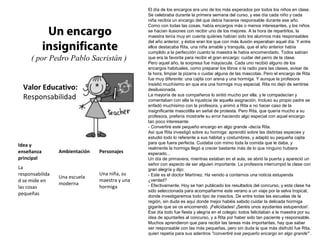 El día de los encargos era uno de los más esperados por todos los niños en clase.
                                                Se celebraba durante la primera semana del curso, y ese día cada niño y cada
                                                niña recibía un encargo del que debía hacerse responsable durante ese año.
                                                Como con todas las cosas, había encargos más o menos interesantes, y los niños
             Un encargo                         se hacían ilusiones con recibir uno de los mejores. A la hora de repartirlos, la
                                                maestra tenía muy en cuenta quiénes habían sido los alumnos más responsables

            insignificante
                                                del año anterior, y éstos eran los que con más ilusión esperaban aquel día. Y entre
                                                ellos destacaba Rita, una niña amable y tranquila, que el año anterior había
                                                cumplido a la perfección cuanto la maestra le había encomendado. Todos sabían
     ( por Pedro Pablo Sacristán )              que era la favorita para recibir el gran encargo: cuidar del perro de la clase.
                                                Pero aquel año, la sorpresa fue mayúscula. Cada uno recibió alguno de los
                                                encargos habituales, como preparar los libros o la radio para las clases, avisar de
                                                la hora, limpiar la pizarra o cuidar alguna de las mascotas. Pero el encargo de Rita
                                                fue muy diferente: una cajita con arena y una hormiga. Y aunque la profesora
                                                insistió muchísimo en que era una hormiga muy especial, Rita no dejó de sentirse
  Valor Educativo:                              desilusionada.
  Responsabilidad                               La mayoría de sus compañeros lo sintió mucho por ella, y le compadecían y
                                                comentaban con ella la injusticia de aquella asignación. Incluso su propio padre se
                                                enfadó muchísimo con la profesora, y animó a Rita a no hacer caso de la
                                                insignificante mascotilla en señal de protesta. Pero Rita, que quería mucho a su
                                                profesora, prefería mostrarle su error haciendo algo especial con aquel encargo
                                                tan poco interesante:
                                                - Convertiré este pequeño encargo en algo grande -decía Rita.
                                                Así que Rita investigó sobre su hormiga: aprendió sobre las distintas especies y
                                                estudió todo lo referente a sus hábitat y costumbres, y adaptó su pequeña cajita
                                                para que fuera perfecta. Cuidaba con mimo toda la comida que le daba, y
Idea y
                                                realmente la hormiga llegó a crecer bastante más de lo que ninguno hubiera
enseñanza        Ambientación   Personajes      esperado...
principal                                       Un día de primavera, mientras estaban en el aula, se abrió la puerta y apareció un
                                                señor con aspecto de ser alguien importante. La profesora interrumpió la clase con
La                                              gran alegría y dijo:
responsabilida                  Una niña, su    - Este es el doctor Martínez. Ha venido a contarnos una noticia estupenda
                 Una escuela
d se mide en                    maestra y una   ¿verdad?
                 moderna                        - Efectivamente. Hoy se han publicado los resultados del concurso, y esta clase ha
las cosas                       hormiga
                                                sido seleccionada para acompañarme este verano a un viaje por la selva tropical,
pequeñas                                        donde investigaremos todo tipo de insectos. De entre todas las escuelas de la
                                                región, sin duda es aquí donde mejor habéis sabido cuidar la delicada hormiga
                                                gigante que se os encomendó. ¡Felicidades! ¡Seréis unos ayudantes estupendos!.
                                                Ese día todo fue fiesta y alegría en el colegio: todos felicitaban a la maestra por su
                                                idea de apuntarles al concurso, y a Rita por haber sido tan paciente y responsable.
                                                Muchos aprendieron que para recibir las tareas más importantes, hay que saber
                                                ser responsable con las más pequeñas, pero sin duda la que más disfrutó fue Rita,
                                                quien repetía para sus adentros "convertiré ese pequeño encargo en algo grande" .
 
