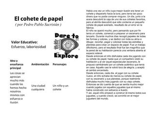 El cohete de papel 
( por Pedro Pablo Sacristán ) 
Valor Educativo: 
Esfuerzo, laboriosidad 
Había una vez un niño cuya mayor ilusión era tener un 
cohete y dispararlo hacia la luna, pero tenía tan poco 
dinero que no podía comprar ninguno. Un día, junto a la 
acera descubrió la caja de uno de sus cohetes favoritos, 
pero al abrirla descubrió que sólo contenía un pequeño 
cohete de papel averiado, resultado de un error en la 
fábrica. 
El niño se apenó mucho, pero pensando que por fin 
tenía un cohete, comenzó a preparar un escenario para 
lanzarlo. Durante muchos días recogió papeles de todas 
las formas y colores, y se dedicó con toda su alma a 
dibujar, recortar, pegar y colorear todas las estrellas y 
planetas para crear un espacio de papel. Fue un trabajo 
dificilísimo, pero el resultado final fue tan magnífico que 
la pared de su habitación parecía una ventana abierta al 
espacio sideral. 
Desde entonces el niño disfrutaba cada día jugando con 
su cohete de papel, hasta que un compañero visitó su 
habitación y al ver aquel espectacular escenario, le 
propuso cambiárselo por un cohete auténtico que tenía 
en casa. Aquello casi le volvió loco de alegría, y aceptó 
el cambio encantado. 
Desde entonces, cada día, al jugar con su cohete 
nuevo, el niño echaba de menos su cohete de papel, 
con su escenario y sus planetas, porque realmente 
disfrutaba mucho más jugando con su viejo cohete. 
Entonces se dio cuenta de que se sentía mucho mejor 
cuando jugaba con aquellos juguetes que el mismo 
había construido con esfuerzo e ilusión. 
Y así, aquel niño empezó a construir él mismo todos sus 
juguetes, y cuando creció, se convirtió en el mejor 
juguetero del mundo. 
Idea y 
enseñanza 
principal 
Ambientación Personajes 
Las cosas se 
aprecian 
mucho más 
cuando las 
hemos hecho 
nosotros 
mismos con 
esfuerzo e 
ilusión 
Una ciudad 
cualquiera 
Un niño y un 
cohete 
 