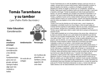 Valor Educativo:
Consideración
Tomás Tarambana
y su tambor
( por Pedro Pablo Sacristán )
Tomás Tarambana era un niño de plastilina naranja y azul que vivía en un
colegio. Aunque tenía muchas cosas buenas, había empezado a perder un
poco el respeto a los demás, y cuando su tía Ágata, una gran bola de
plastilina de colores, le regaló un tambor por su cumpleaños, aquello fue
terrible. Daba igual cuánto le pidieran todos que tocara más bajo, o que fuera
a hacerlo a otro lugar: Tomás se paseaba por toda el aula aporreando el
tambor, sin que las molestias que causaba a los demás le importasen ni un
pimiento. Así que el resto de figuritas del aula dejaron de querer jugar con
Tomás, y sufrieron mucho con su ruidoso tambor hasta que Coco Sapio, un
muñeco listísimo hecho con construcciones, inventó unos tapones especiales
para los oídos que dejaban oír los ruidos normales, pero evitaban los más
molestos.
Tomás, al ver que los demás ya no le hacían caso, y que ni siquiera se
molestaban, se enfadó mucho con Coco Sapio, y tras una gran pelea, el
inventor terminó cayendo al suelo desde lo alto de una mesa, rompiéndose en
sus mil piezas. Aunque fue un accidente, todos se enfadaron tanto con
Tomás, que ya nadie quiso volver a saber nada de él, aunque a él tampoco le
importó mucho.
Y todo habría quedado así si no fuera porque a los pocos días, colocaron en
la clase en precioso reloj de cuco, justo al lado de la estantería que dormía
Tomás. El cuco sonaba constantemente, "tic, tac, tic, tac", y para colmo cada
hora salía a hacer "cucú, cucú", así que Tomás no podía descansar ni un
poquito, pero los demás, con sus tapones especiales, estaban tan tranquilos.
Entonces Tomás empezó a darse cuenta de lo muchísimo que había
molestado a todos con su tambor, y de la tontería que había hecho
peleándose con Coco Sapio, que sería el único que podría ayudarle ahora. Y
decidido a cambiar la situación, y a que todos vieran que iba a convertirse en
el niño más bueno y respetuoso, dedicó todo el tiempo a ir reuniendo las
piezas de Coco Sapio para reconstruirlo en secreto. Le llevó muchísimos días
y noches, hasta que terminó justo cuando ya casi no podía más, de tan poco
que dormía por culpa del reloj de cuco. Y cuando Coco Sapio estuvo
construido y volvió a tomar vida, todos se llevaron una estupenda sorpresa y
felicitaron mucho a Tomás por su trabajo, que pidió perdón a todos por su
falta de cuidado y por no haber tenido en cuenta lo mucho que les molestaba.
Así que aunque Coco Sapio estaba algo enfadado con Tomás Tarambana, le
convencieron para que inventara unos tapones para él, y a partir de aquel día,
pudo por fin Tomás Tarambana descansar un poco, y nunca más dejó que
nadie volviera a ser tan desconsiderado como lo había sido él mismo.
Idea y
enseñanza
principal
Ambientación Personajes
El respeto y la
consideración
a los demás
son
fundamentales
para vivir en
grupo, porque
siempre habrá
algo que nos
moleste a
todos
Un aula de un
colegio
Un muñeco de
plastilina, un
tambor y otros
juguetes de
una clase
 
