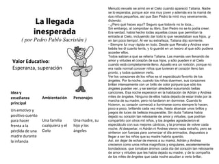 Valor Educativo:
Esperanza, superación
La llegada
inesperada
( por Pedro Pablo Sacristán )
Menudo revuelo se armó en el Cielo cuando apareció Tatiana. Nadie
se lo esperaba, porque aún era muy joven y además era la mamá de
dos niños pequeños, así que San Pedro la miró muy severamente,
diciendo:
- ¿Pero qué haces aquí? Seguro que todavía no te toca...
Sin embargo, al comprobar su libro, San Pedro no se lo podía creer.
Era verdad, había hecho todas aquellas cosas que permitían la
entrada al Cielo, incluyendo dar todo lo que necesitaban sus hijos, ¡y
en tan poco tiempo!. Al ver su extrañeza, Tatiana dijo sonriente.
- Siempre fui muy rápida en todo. Desde que Renato y Andrea eran
bebés les di cuanto tenía, y lo guardé en un tesoro al que sólo pudiera
acceder ellos.
Todos sabían a qué se refería Tatiana. Las mamás van llenando de
amor y virtudes el corazón de sus hijos, y sólo pueden ir al Cielo
cuando está completamente lleno. Aquello era un notición, porque no
era nada normal conocer niños que tuvieran el corazón lleno tan
pronto, y todos quisieron verlo.
Ver los corazones de los niños es el espectáculo favorito de los
ángeles. Por la noche, cuando los niños duermen, sus corazones
brillan intensamente con un brillo de color púrpura que sólo los
ángeles pueden ver, y se sientan alrededor susurrando bellas
canciones. Esa noche esperaron en la habitación de Adrián y Andrea
miles de ángeles. Ninguno de ellos había dejado de estar triste por la
marcha de su madre, pero no tardaron en dormirse. Cuando lo
hicieron, su corazón comenzó a iluminarse como siempre lo hacen,
poco a poco, brillando cada vez más, hasta alcanzar unos brillos y
juegos de luces de belleza insuperable. Sin duda Tatiana había
dejado su corazón tan rebosante de amor y virtudes, que podrían
compartirlo con otros mil niños, y los ángeles agradecieron el
espectáculo con sus mejores cánticos, y la promesa de volver cada
noche. Al despertar, ni Adrián ni Andrea vieron nada extraño, pero se
sintieron con fuerzas para comenzar el día animados, dispuestos a
llegar a ser los niños que su madre habría querido.
Así, sin dejar de echar de menos a su mamá, Adrián y Andrea
crecieron como unos niños magníficos y singulares, excelentemente
bondadosos, que tomaban ánimos cada día del corazón tan rebosante
de amor y virtudes que les había dejado su madre, y de la compañía
de los miles de ángeles que cada noche acudían a verlo brillar.
Idea y
enseñanza
principal
Ambientación Personajes
Un emotivo y
positivo cuento
para hacer
frenta a la
pérdida de una
madre durante
la infancia
Una familia
cualquiera y el
Cielo
Una madre, su
hijo y los
ángeles
 