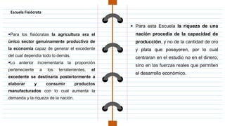  Para esta Escuela la riqueza de una
nación procedía de la capacidad de
producción, y no de la cantidad de oro
y plata que poseyeren, por lo cual
centraran en el estudio no en el dinero,
sino en las fuerzas reales que permiten
el desarrollo económico.
Para los fisiócratas la agricultura era el
único sector genuinamente productivo de
la economía capaz de generar el excedente
del cual dependía todo lo demás.
Lo anterior incrementaría la proporción
perteneciente a los terratenientes, el
excedente se destinaría posteriormente a
elaborar y consumir productos
manufacturados con lo cual aumenta la
demanda y la riqueza de la nación.
Escuela Fisiócrata
 