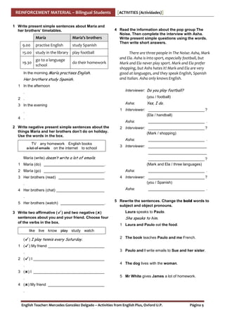 REINFORCEMENT MATERIAL – Bilingual Students
1 Write present simple sentences about María and
her brothers’ timetables.

María
9.00

María’s brothers

practise English

study Spanish

15.00 study in the library play football
19.30

go to a language
school

do their homework

In the morning María practises English.

Her brothers study Spanish.

[ACTIVITIES (Actividades)]

4 Read the information about the pop group The
Noise. Then complete the interview with Asha.
Write present simple questions using the words.
Then write short answers.

There are three people in The Noise: Asha, Mark
and Ela. Asha is into sport, especially football, but
Mark and Ela never play sport. Mark and Ela prefer
shopping, but Ashs hates it! Mark and Ela are very
good at languages, and they speak English, Spanish
and Italian. Asha only knows English.

1 In the afternoon
Interviewer: Do you play football?

.

(you / football)

2 .
Asha:

3 In the evening

Yes, I do.

1 Interviewer: ___________________________ ?
(Ela / handball)

.
4 .

Asha:

2 Write negative present simple sentences about the
things María and her brothers don’t do on holiday.
Use the words in the box.

2 Interviewer: ___________________________ ?
(Mark / shopping)
Asha:

TV any homework English books
a lot of emails on the internet to school

___________________________ .

___________________________ .

3 Interviewer: ____________________________
____________________________

María (write) doesn’t write a lot of emails.

___________________________ ?
(Mark and Ela / three languages)

1 María (do) _____________________________ .
2 María (go) _____________________________ .
3 Her brothers (read) ______________________
.
4 Her brothers (chat) _______________________

Asha:

___________________________ .

4 Interviewer: ___________________________ ?
(you / Spanish)
Asha:

___________________________ .

.
5 Her brothers (watch) _____________________ .
3 Write two affirmative ( ) and two negative ( )
sentences about you and your friend. Choose four
of the verbs in the box.
like live
(
1 (

know

Laura speaks to Paulo.

She speaks to him.
1 Laura and Paulo eat the food.

play study watch

) I play tennis every Saturday.

2 The book teaches Paulo and me French.

) My friend ___________________________
3 Paulo and I write emails to Sue and her sister.

.
2 (

5 Rewrite the sentences. Change the bold words to
subject and object pronouns.

) I __________________________________

.

4 The dog lives with the woman.

3 ( ) I __________________________________
.

5 Mr White gives James a lot of homework.

4 ( ) My friend ___________________________
.

English Teacher: Mercedes González Delgado – Activities from English Plus, Oxford U.P.

Página 9

 