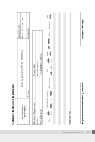 6. Registro de aplicación de plaguicidas

                                                                                                                                                                                    Código/versión:
                                            Nombre/logotipo                              REGISTRO DE APLICACIÓN DE PLAGUICIDAS                                                      Fecha: dd / mm / aa
                                             de la empresa
                                                                            Revisión:                                                                                               Aprobación:


                                  Nombre/ Código de lote:                                                      área/densidad:
                                  Cultivo:                                                                     Fecha de siembra:
                                  Variedad/cultivar:                                                           Fecha probable de cosecha:

                                                 Días    INFORMACIÓN DEL PLAGUICIDA                                    Dosis              Fecha
                                                                                                                                                    Periodo                                                        VºBº
                                               después                                                                                  Reingreso               LMR    Equipo de
                                    Fecha                                                Objetivo de control                                           de                             Operario   Observaciones     Resp.
                                                 de la                                                                                   al área               (ppm)   aplicación
                                                          Nombre             Unidad de                          L ó kg/         Ló                  carencia                                                     aplicación
                                               siembra               I.A.                                                                tratada
                                                         comercial            medida                            cilindro       kg /ha




                                  Observaciones: _________________________________________________________________________________________




                                  Responsable de mantenimiento y calibración                                                                                                   Encargado del campo




Buenas Prácticas Agrícolas / 53
 