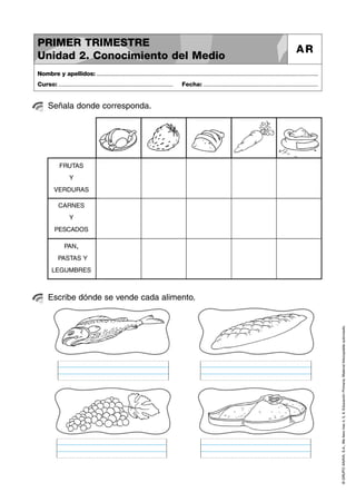 ©GRUPOANAYA,S.A.,Mellevotres4,5,6.EducaciónPrimaria.Materialfotocopiableautorizado.
Señala donde corresponda.
Nombre y apellidos: ..............................................................................................................................................
Curso: ..................................................................... Fecha: .....................................................................
PRIMER TRIMESTRE
Unidad 2. Conocimiento del Medio
AR
Escribe dónde se vende cada alimento.
FRUTAS
Y
VERDURAS
CARNES
Y
PESCADOS
PAN,
PASTAS Y
LEGUMBRES
 