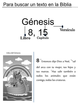 815
Entonces dijo Dios a Noé,
16
“sal
del arca con tu mujer, tus hijos y
tus nueras. 17
Haz salir también a
todos los animales que están
contigo, todas las criaturas.
Libro del Génesis
Para buscar un texto en la Biblia
Libro Capítulo
Versículo
Génesis
8, 15
 