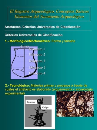Diámetro 1Diámetro 1
Diámetro 3Diámetro 3
Diámetro 2Diámetro 2
Diámetro 3Diámetro 3
Diámetro 4Diámetro 4
AlturaAltura
El Registro Arqueológico. Conceptos BásicosEl Registro Arqueológico. Conceptos Básicos
Elementos del Yacimiento ArqueológicoElementos del Yacimiento Arqueológico
Artefactos. Criterios Universales de ClasificaciónArtefactos. Criterios Universales de Clasificación
Criterios Universales de ClasificaciónCriterios Universales de Clasificación
1.- Morfológico/Morfométrico: Forma y tamañoForma y tamaño
2.- Tecnológico: Materias primas y procesos a través deMaterias primas y procesos a través de
cuales el artefacto es elaborado (cuales el artefacto es elaborado (arqueometríaarqueometría y arqueologíay arqueología
experimental)experimental)
Percutor
Golpe
 