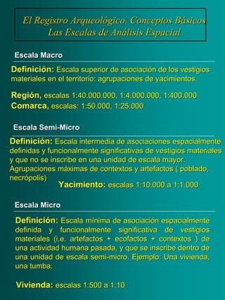 El Registro Arqueológico. Conceptos BásicosEl Registro Arqueológico. Conceptos Básicos
Las Escalas de Análisis EspacialLas Escalas de Análisis Espacial
DefiniciDefinicióón:n: Escala superior de asociaciEscala superior de asociacióón de los vestigiosn de los vestigios
materiales en el territorio: agrupaciones de yacimientos.materiales en el territorio: agrupaciones de yacimientos.
RegiRegióón,n, escalas 1:40.000.000, 1:4.000.000, 1:400.000escalas 1:40.000.000, 1:4.000.000, 1:400.000
Comarca,Comarca, escalas: 1:50.000, 1:25.000escalas: 1:50.000, 1:25.000
Escala MicroEscala Micro
DefiniciDefinicióón:n: Escala intermedia de asociaciones espacialmenteEscala intermedia de asociaciones espacialmente
definidas y funcionalmente significativas de vestigios materialedefinidas y funcionalmente significativas de vestigios materialess
y que no se inscribe en una unidad de escala mayor.y que no se inscribe en una unidad de escala mayor.
Agrupaciones mAgrupaciones mááximas de contextos y artefactos ( poblado,ximas de contextos y artefactos ( poblado,
necrnecróópolis)polis)
Yacimiento:Yacimiento: escalas 1:10.000 a 1:1.000escalas 1:10.000 a 1:1.000
EscalaEscala SemiSemi--MicroMicro
DefiniciDefinicióón:n: Escala mEscala míínima de asociacinima de asociacióón espacialmenten espacialmente
definida y funcionalmente significativa de vestigiosdefinida y funcionalmente significativa de vestigios
materiales (i.e. artefactos +materiales (i.e. artefactos + ecofactosecofactos + contextos ) de+ contextos ) de
una actividad humana pasada, y que se inscribe dentro deuna actividad humana pasada, y que se inscribe dentro de
una unidad de escalauna unidad de escala semisemi--micro. Ejemplo: Una vivienda,micro. Ejemplo: Una vivienda,
una tumba.una tumba.
Vivienda:Vivienda: escalas 1:500 a 1:10escalas 1:500 a 1:10
Escala MacroEscala Macro
 