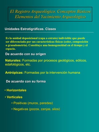 El Registro Arqueológico. Conceptos BásicosEl Registro Arqueológico. Conceptos Básicos
Elementos del Yacimiento ArqueológicoElementos del Yacimiento Arqueológico
De acuerdo con su formaDe acuerdo con su forma
De acuerdo con su origenDe acuerdo con su origen
Naturales: Formadas por procesos geológicos, eólicos,
edafológicos, etc.
Antrópicas: Formadas por la intervención humana
•• HorizontalesHorizontales
•• VerticalesVerticales
•• Positivas (muros, paredes)Positivas (muros, paredes)
•• Negativas (pozos, zanjas, silos)Negativas (pozos, zanjas, silos)
Unidades Estratigráficas. ClasesUnidades Estratigráficas. Clases
Es la unidad deposicional (capa o estrato) indivisible que puede
ser diferenciada por sus características físicas (color, composición
o granulometría). Constituye una homogeneidad en el tiempo y el
espacio.
 
