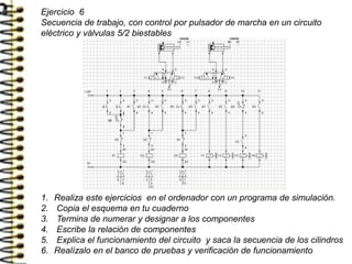 Ejercicio 6
Secuencia de trabajo, con control por pulsador de marcha en un circuito
eléctrico y válvulas 5/2 biestables
1. Realiza este ejercicios en el ordenador con un programa de simulación.
2. Copia el esquema en tu cuaderno
3. Termina de numerar y designar a los componentes
4. Escribe la relación de componentes
5. Explica el funcionamiento del circuito y saca la secuencia de los cilindros
6. Realízalo en el banco de pruebas y verificación de funcionamiento
 