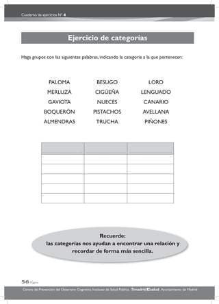 Cuaderno de ejercicios Nº 4
56 Página
Centro de Prevención del Deterioro Cognitivo. Instituto de Salud Pública. .Ayuntamiento de Madridmadrid salud
Ejercicio de categorías
Haga grupos con las siguientes palabras, indicando la categoría a la que pertenecen:
PALOMA BESUGO LORO
MERLUZA CIGÜEÑA LENGUADO
GAVIOTA NUECES CANARIO
BOQUERÓN PISTACHOS AVELLANA
ALMENDRAS TRUCHA PIÑONES
Recuerde:
las categorías nos ayudan a encontrar una relación y
recordar de forma más sencilla.
 