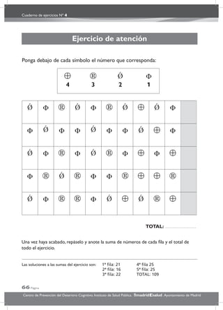 Cuaderno de ejercicios Nº 4
66 Página
Centro de Prevención del Deterioro Cognitivo. Instituto de Salud Pública. .Ayuntamiento de Madridmadrid salud
Ejercicio de atención
Ponga debajo de cada símbolo el número que corresponda:
Una vez haya acabado, repáselo y anote la suma de números de cada ﬁla y el total de
todo el ejercicio.
Las soluciones a las sumas del ejercicio son: 1ª ﬁla: 21 4ª ﬁla 25
2ª ﬁla: 16 5ª ﬁla: 25
3ª ﬁla: 22 TOTAL: 109
TOTAL:
4 3 2 1
 