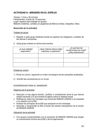 62
ACTIVIDAD 6.- MIRARSE EN EL ESPEJO
Tiempo: 1 hora y 30 minutos
Participantes: a partir de 10 personas
Lugar: espacio para trabajar en grupos
Material: boletines, carteles y/o pegatinas de Manos Unidas, bolígrafos, folios
Desarrollo de la actividad
Trabajo en grupo
1. Repartir a cada grupo boletines donde se explican los eslóganes y carteles de
las últimas 5 campañas.
2. Cada grupo analiza en dichos documentos:
¿A qué realidad
responden?
¿Qué criterios éticos están
implícitos o explícitos?
¿A qué tipo de
compromisos se invita?
¿Hay coherencia?
Puesta en común
1.- Poner en común, siguiendo un orden cronológico de las campañas analizadas.
2.- Escribir las conclusiones en un mural.
SUGERENCIAS PARA EL ANIMADOR
Objetivos de la actividad
• Descubrir si hay alguna tensión, conflicto o contradicción entre lo que hemos
estado haciendo y lo que enseña la Iglesia sobre la realidad social.
• Reflexionar sobre los mensajes que transmite MANOS UNIDAS a la sociedad
y su relación con la DSI.
• Analizar los principios de la DSI que subyacen en los mensajes.
• Aprender y comprender la DSI a través del estudio retrospectivo de la acción
de MANOS UNIDAS.
Utilización de la actividad
• Con grupos comprometidos con la actuación de MANOS UNIDAS que tengan
un conocimiento mínimo de la DSI y de la organización.
 