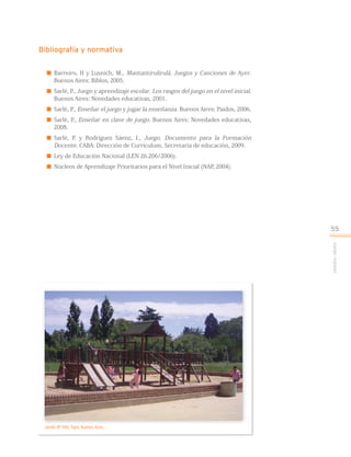 Juegoreglado
Bibliografía y normativa
 Barreiro, H y Lusnich, M., Mantantirulirulá. Juegos y Canciones de Ayer.
Buenos Aires: Biblos, 2005.
 Sarlé, P., Juego y aprendizaje escolar. Los rasgos del juego en el nivel inicial.
Buenos Aires: Novedades educativas, 2001.
 Sarlé, P., Enseñar el juego y jugar la enseñanza. Buenos Aires: Paidos, 2006.
 Sarlé, P., Enseñar en clave de juego. Buenos Aires: Novedades educativas,
2008.
 Sarlé, P. y Rodríguez Sáenz, I., Juego. Documento para la Formación
Docente. CABA: Dirección de Curriculum, Secretaría de educación, 2009.
 Ley de Educación Nacional (LEN 26.206/2006).
 Núcleos de Aprendizaje Prioritarios para el Nivel Inicial (NAP, 2004).
55
Jardín Nº 940, Tigre, Buenos Aires.
 