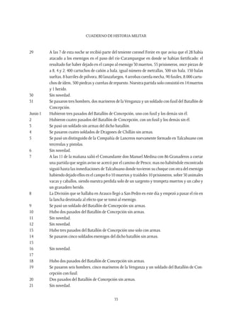 CUADERNO DE HISTORIA MILITAR
33
29	 A las 7 de esta noche se recibió parte del teniente coronel Freire en que avisa que el 28 había
atacado a los enemigos en el paso del río Carampangue en donde se habían fortificado: el
resultado fue haber dejado en el campo al enemigo 30 muertos, 55 prisioneros, once piezas de
a 8, 4 y 2; 400 cartuchos de cañón a bala, igual número de metrallas, 300 sin bala, 130 balas
sueltas, 8 barriles de pólvora, 80 lanzafuegos, 4 arrobas cuerda mecha, 90 fusiles, 8.000 cartu-
chos de ídem, 500 piedras y cureñas de repuesto. Nuestra partida solo consistió en 14 muertos
y 1 herido.
30	 Sin novedad.
31	 Se pasaron tres hombres, dos marineros de laVenganza y un soldado con fusil del Batallón de
Concepción.
Junio 1	 Hubieron tres pasados del Batallón de Concepción, uno con fusil y los demás sin él.
2	 Hubieron cuatro pasados del Batallón de Concepción, con un fusil y los demás sin él.
3	 Se pasó un soldado sin armas del dicho batallón.
4	 Se pasaron cuatro soldados de Dragones de Chillán sin armas.
5	 Se pasó un distinguido de la Compañía de Lanceros nuevamente formado en Talcahuano con
tercerolas y pistolas.
6	 Sin novedad.
7	 A las 11 de la mañana salió el Comandante don Manuel Medina con 86 Granaderos a cortar
una partida que según aviso se acercó por el camino de Penco; mas no habiéndole encontrado
siguió hasta las inmediaciones deTalcahuano donde tuvieron su choque con otra del enemigo
habiendo dejado ellos en el campo 8 o 10 muertos y traídoles 10 prisioneros, sobre 50 animales
vacas y caballos, siendo nuestra perdida solo de un sargento y trompeta muertos y un cabo y
un granadero herido.
8	 La División que se hallaba en Arauco llegó a San Pedro en este día y empezó a pasar el río en
la lancha destinada al efecto que se tomó al enemigo.
9	 Se pasó un soldado del Batallón de Concepción sin armas.
10	 Hubo dos pasados del Batallón de Concepción sin armas.
11	 Sin novedad.
12	 Sin novedad.
13	 Hubo tres pasados del Batallón de Concepción uno solo con armas.
14	 Se pasaron cinco soldados enemigos del dicho batallón sin armas.
15
16	 Sin novedad.
17
18	 Hubo dos pasados del Batallón de Concepción sin armas.
19	 Se pasaron seis hombres, cinco marineros de la Venganza y un soldado del Batallón de Con-
cepción con fusil.
20	 Dos pasados del Batallón de Concepción sin armas.
21	 Sin novedad.
 