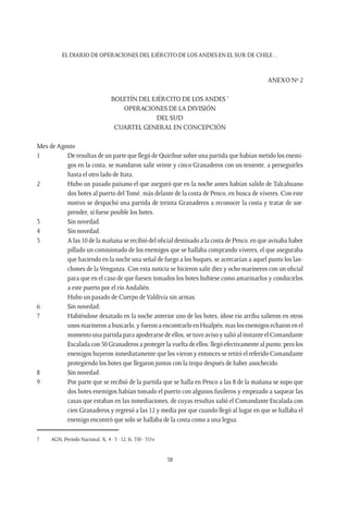 EL DIARIO DE OPERACIONES DEL EJÉRCITO DE LOS ANDES EN EL SUR DE CHILE…
38
ANEXO Nº 2
BOLETÍN DEL EJÉRCITO DE LOS ANDES 7
OPERACIONES DE LA DIVISIÓN
DEL SUD
CUARTEL GENERAL EN CONCEPCIÓN
Mes de Agosto	
1	 De resultas de un parte que llegó de Quirihue sobre una partida que habían metido los enemi-
gos en la costa, se mandaron salir veinte y cinco Granaderos con un teniente, a perseguirles
hasta el otro lado de Itata.
2	 Hubo un pasado paisano el que aseguró que en la noche antes habían salido de Talcahuano
dos botes al puerto del Tomé, más delante de la costa de Penco, en busca de víveres. Con este
motivo se despachó una partida de treinta Granaderos a reconocer la costa y tratar de sor-
prender, si fuese posible los botes.
3	 Sin novedad.
4	 Sin novedad.
5	 A las 10 de la mañana se recibió del oficial destinado a la costa de Penco, en que avisaba haber
pillado un comisionado de los enemigos que se hallaba comprando víveres, el que aseguraba
que haciendo en la noche una señal de fuego a los buques, se acercarían a aquel punto los lan-
chones de la Venganza. Con esta noticia se hicieron salir diez y ocho marineros con un oficial
para que en el caso de que fuesen tomados los botes hubiese como amarinarlos y conducirlos
a este puerto por el río Andalién.
	 Hubo un pasado de Cuerpo de Valdivia sin armas.
6	 Sin novedad.
7	 Habiéndose desatado en la noche anterior uno de los botes, ídose río arriba salieron en otros
unos marineros a buscarlo, y fueron a encontrarlo en Hualpén; mas los enemigos echaron en el
momento una partida para apoderarse de ellos, se tuvo aviso y salió al instante el Comandante
Escalada con 50 Granaderos a proteger la vuelta de ellos: llegó efectivamente al punto; pero los
enemigos huyeron inmediatamente que los vieron y entonces se retiró el referido Comandante
protegiendo los botes que llegaron juntos con la tropa después de haber anochecido.
8	 Sin novedad.
9	 Por parte que se recibió de la partida que se halla en Penco a las 8 de la mañana se supo que
dos botes enemigos habían tomado el puerto con algunos fusileros y empezado a saquear las
casas que estaban en las inmediaciones, de cuyas resultas salió el Comandante Escalada con
cien Granaderos y regresó a las 12 y media por que cuando llegó al lugar en que se hallaba el
enemigo encontró que solo se hallaba de la costa como a una legua.
7	 AGN, Período Nacional, X, 4 - 3 - 12, fs. 350 - 351v
 