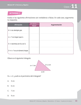Módulo Nº 2: Patrones y Álgebra
Módulo Nº 2: Patrones y Álgebra / Matemática / 6° básico / Cuaderno de trabajo / 33
Clase / 11
ACTIVIDAD 3
Evalúa si las siguientes aﬁrmaciones son verdaderas o falsas. En cada caso, argumenta
tu respuesta.
Observa el siguiente triángulo:
Si a
A. 4 cm
B. 6 cm
C. 7 cm
D. 9 cm
a + 1 cm
a cm
2 + a cm
Aﬁrmación
¿Verdadera o
Falsa?
Argumentación
n + 1 es mayor que n.
 