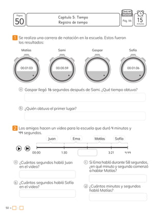 1 Se realiza una carrera de natación en la escuela. Estos fueron
los resultados:
2 Los amigos hacen un video para la escuela que duró 4 minutos y
44 segundos.
00:01:03 00:00:59 00:01:06
¿Quién obtuvo el primer lugar?
a c
b
d
¿Cuántos segundos habló Juan
en el video?
Si Ema habló durante 58 segundos,
¿en qué minuto y segundo comenzó
a hablar Matías?
¿Cuántos segundos habló Sofía
en el video? ¿Cuántos minutos y segundos
habló Matías?
Gaspar llegó 16 segundos después de Sami. ¿Qué tiempo obtuvo?
4:44
3:21
1:30
00:00
Juan Ema Matías Sofía
Matías Sami Gaspar Sofía
a
b
50 minutos
50 =
Capítulo 5: Tiempo
Página
Pág. 66 15
Registro de tiempo
:
 