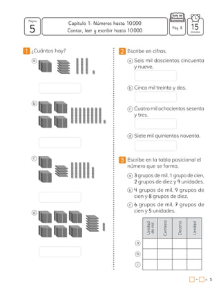 5
1 ¿Cuántos hay?
a
b
c
d
2 Escribe en cifras.
a Seis mil doscientos cincuenta
y nueve.
b Cinco mil treinta y dos.
c Cuatro mil ochocientos sesenta
y tres.
d Siete mil quinientos noventa.
3 Escribe en la tabla posicional el
número que se forma.
a 3 grupos de mil, 1 grupo de cien,
2 grupos de diez y 9 unidades.
b 4 grupos de mil, 9 grupos de
cien y 8 grupos de diez.
c 6 grupos de mil, 7 grupos de
cien y 5 unidades.
Unidad
de
mil
Centena
Decena
Unidad
a
b
c
Pág. n
a
Pág. n
Capítulo 1: Números hasta 10000
5
Página
minutos
5
=
−
Pág. 8 15
Contar, leer y escribir hasta 10000
 