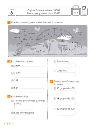 5500
5300
5100
5000
4800
5700 5800
3800
3900
4500
4400
4300
4200
4000
4100
4900
4600
4700
5600
5400
5200
1 Une los puntos siguiendo el orden de los números.
2 Escribe como se leen.
a 2730
b 7339
c 322
d 6641
3 Escribe en cifras.
a Tres mil setecientos cuarenta
y cinco.
b Siete mil veintiocho.
c Tres mil uno.
d Cinco mil.
4 Escribe los números que
se forman.
a 10 grupos de 100.
b 18 grupos de 100.
c 60 grupos de 100.
v
Capítulo 1: Números hasta 10000
6
Página
minutos
6 = •
Pág. 8 15
Contar, leer y escribir hasta 10000
 