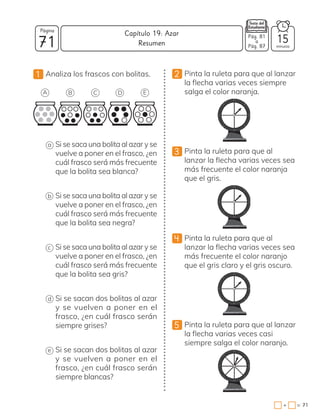 71
Página
minutos
Capítulo 19: Azar
71
=
+
1 Analiza los frascos con bolitas.
A B C D E
a Si se saca una bolita al azar y se
vuelve a poner en el frasco, ¿en
cuál frasco será más frecuente
que la bolita sea blanca?
b Si se saca una bolita al azar y se
vuelve a poner en el frasco, ¿en
cuál frasco será más frecuente
que la bolita sea negra?
c Si se saca una bolita al azar y se
vuelve a poner en el frasco, ¿en
cuál frasco será más frecuente
que la bolita sea gris?
d Si se sacan dos bolitas al azar
y se vuelven a poner en el
frasco, ¿en cuál frasco serán
siempre grises?
e Si se sacan dos bolitas al azar
y se vuelven a poner en el
frasco, ¿en cuál frasco serán
siempre blancas?
Pág. 81
a
Pág. 87
15
Resumen
2 Pinta la ruleta para que al lanzar
la flecha varias veces siempre
salga el color naranja.
3 Pinta la ruleta para que al
lanzar la flecha varias veces sea
más frecuente el color naranja
que el gris.
4 Pinta la ruleta para que al
lanzar la flecha varias veces sea
más frecuente el color naranjo
que el gris claro y el gris oscuro.
5 Pinta la ruleta para que al lanzar
la flecha varias veces casi
siempre salga el color naranjo.
 