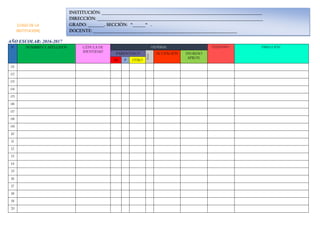 AÑO ESCOLAR: 2016-2017.
N° NOMBRES Y APELLIDOS CÉDULA DE
IDENTIDAD
GENERAL TELÉFONO DIRECCIÓN
PARENTESCO
EDAD
OCUPACIÓN INGRESO
APROX.
M P OTRO
01
02
03
04
05
06
07
08
09
10
11
12
13
14
15
16
17
18
19
20
(LOGO DE LA
INSTITUCIÓN)
INSTITUCIÓN: _______________________________________________________________________________________
DIRECCIÓN: __________________________________________________________________________________________
GRADO: _________. SECCIÓN: “_______“ .
DOCENTE: ______________________________________________________________________________
 