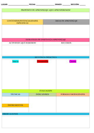 LUGAR: _____________________ FECHA: ___________________ GRADO: ________ SECCIÓN: ______
PROPÓSITO DE APRENDIZAJE/ ¿QUE APRENDEREMOS?
CONTENIDOS/POTENCIALIDADES
ESPECIFICAS
ÁREAS DE APRENDIZAJE
ESTRATEGIA DE ENSEÑANZA/APRENDIZAJE
ACTIVIDAD/ ¿QUÉ HAREMOS? RECURSOS
SECUENCIA DIDÁCTICA
Inicio Desarrollo Cierre
EVALUACIÓN
TÉCNICAS INDICADORES FORMAS O MODALIDADES
INSTRUMENTOS
OBSERVACIONES
 