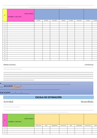 ___________________________________________________________________________________________________________________________________________________
_________________________________________________________________
N°
INDICADORES
NOMBRE Y APELLIDO
CONSOL EN PROC INICIADO CONSOL EN PROC INICIADO CONSOL EN PRO
1
2
3
4
5
6
7
8
9
10
11
12
13
14
15
16
17
18
19
20
OBSERVACIONES GENERALES:
_______________________________________________________________________________________________________________________________________________________
_______________________________
___________________________________________________________________________________________________________________________
___________________________________________________________________________________________________________________________
___________________________________________________________________________________________________________________________
___________________________________________________________________________________________________________________________
__________________________________________
ESCALA DE ESTIMACIÓN
Actividad desarrollada:
___________________________________________________________________________________________________________________________________________________
___________________________
___________________________________________________________________________________________________________________________________________________
_________________________________________________________________
N°
INDICADORES
NOMBRE Y APELLIDO
EXCELENTE BIEN MEJORABLE EXCELENTE BIEN MEJORABLE EXCELENTE BIEN
1
2
3
4
N: _______________________________________________________________________________________
____. SECCIÓN: “_______“ .
____________________________________________________________________________
PLICACIÓN: _____/_______/_________.
(LOGO DE LA
INSTITUCIÓN)
 