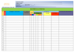 AÑO ESCOLAR: 2016-2017.
MATRÍCULA INICIAL
N° MI NOMBRES Y APELLIDOS C.I / CÉDULA
ESCOLAR SEXO
NACIMIENTO PLANTEL DEL PROCEDENCIA
FECHA
EDAD
LUGAR ESTADO
F M D M A
01
02
03
04
05
06
07
08
09
10
11
12
13
14
15
16
17
18
19
20
INSTITUCIÓN: _______________________________________________________________________________________
DIRECCIÓN: __________________________________________________________________________________________
GRADO: _________. SECCIÓN: “_______“ .
DOCENTE: ______________________________________________________________________________
(LOGO DE LA
INSTITUCIÓN)
 