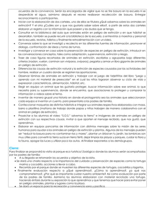 acuerdos de la convivencia. Serán los encargados de vigilar que no se tire basura en la escuela ni se
desperdicie el agua, asimismo después el recreo realizaran recolección de basura. Entregar
reconocimiento a participantes.
 Iniciar con la elaboración de dos carteles, uno de ellos se titulara ¿Qué sabemos sobre los animales en
extinción? Y el otro ¿Cuáles son y que nos gustaría saber sobre ellos?, a partir de estos dos carteles
elaborar un registro con la información que poseen y las dudas que se tenga.
 Consultar en la biblioteca del aula que animales están en peligro de extinción y en que hábitat se
desarrollan, también se puede recurrir a la biblioteca de la escuela, a entrevistas a maestros y personal
de la escuela, revistas, folletos y finalmente retroalimentación con unvideo.
 Conversas sobre lo que se investigó y recolecto en las diferentes fuentes de información, promover el
dialogo, confrontación de ideas y toma de turnos.
 Investigar y conversar en casa sobre la preservación de especies en peligro de extinción, introducir en
las conversaciones conceptos, tales como adaptación, supervivencia, extinción y riesgo.
 Traer de casa figuras recortadas de animales en extinción, escribirlas y agruparlas bajo diferentes
criterios (nadan, vuelan, caminan son vivíparos, ovíparos), pegarlos y armar un libro gigante de animales
en peligro de extinción.
 Diferencias las causas de extinción natural y la extinción de especies causadas por las actividades del
hombre, realizar un cuadro donde se registren las aportaciones.
 Observar láminas de animales en extinción y trabajar con el juego de tarjetititas del libro “juego y
aprendo con mi material de preescolar” en el cual los niños lograran observar su ciclo de vida y
expresaran características, alimentación, hábitat, etc.
 Elegir en equipo un animal que les gustaría proteger, buscar información sobre ese animal, lo que
necesita para su supervivencia, donde se encuentra, que asociaciones lo protegen y comparar la
información o videos sobre el tema.
 Inventar de manera grupal una historia en donde el protagonista sea los animales que seleccionaron
cada equipo e inventar un cuento, para presentarla a los padres de familia.
 Confeccionar maquetas de distintos hábitats e integrar sus animales respectivos elaborados con masa,
barro o plastilina (mañana de trabajo donde papas y niños trabajen de manera colaborativa con el
animal en peligro de extinción).
 Proyectar a los alumnos el video “S.O.S.” salvemos la tierra” e imágenes de animales en peligro de
extinción con sus respectivos causas, invitar a que aporten el mensaje recibido, que nos gustó, que
aprendimos.
 Elaborar en equipos pancartas de información con distintos mensajes sobre la misión de los seres
humanos para ayudar a los animales en peligro de extinción y plantas. Algunos de los mensajes pueden
ser “reducir la basura para no contaminar ríos y mares”, plantar un árbol en tu jardín, las lombrices son
muy útiles para convertir la tierra sucia en tierra fértil, dejar limpias las playas y parques, cuidar la flora y
la fauna, apagar las luces y utilizar poco los autos. Al finalizar exponerlos a los demásgrupos.
Cierre:
Para finalizar se propondrá la visita al parque eco turístico/ Zoológico donde los alumnos serán acompañados
por los padres de familia:
 A su llegada se retomarán los acuerdos y objetivo de lavisita.
 Se dará una charla respecto a la importancia del cuidado y preservación de especies como la tortuga
marina y cocodrilo, acciones a llevar a cabo.
 Recorrido por el parque donde se muestren las diferentes especies de tortugas, cocodrilos y lagartos.
 Finalmente evaluación respecto a ¿Qué aprendimos?, ¿Cómo lo aprendimos?, ¿a qué nos
comprometemos?, ¿Por qué es importante cuidar nuestro ambiente? Así como evaluación por parte
de los padres de familia. Asimismo los alumnos elaboraran con material reciclado una tortuga,
haciendo énfasis durante su exposición lo que aprendimos y que tenemos que hacer para evitar poner
en peligro animales, plantas y lugares como la playa.
 Se dará un espacio para la recreación y convivencia sana y pacífica.
 