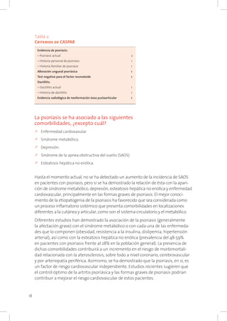 18
La psoriasis se ha asociado a las siguientes
comorbilidades, ¿excepto cuál?
k	Enfermedad cardiovasular.
k	Síndrome metabólico.
k	Depresión.
k	Síndrome de la apnea obstructiva del sueño (SAOS)
k	Esteatosis hepática no enólica.
Hasta el momento actual, no se ha detectado un aumento de la incidencia de SAOS
en pacientes con psoriasis, pero sí se ha demostrado la relación de ésta con la apari-
ción de síndrome metabólico, depresión, esteatosis hepática no enólica y enfermedad
cardiovascular, principalmente en las formas graves de psoriasis. El mejor conoci-
miento de la etiopatogenia de la psoriasis ha favorecido que sea considerada como
un proceso inflamatorio sistémico que presenta comorbilidades en localizaciones
diferentes a la cutánea y articular, como son el sistema circulatorio y el metabólico.
Diferentes estudios han demostrado la asociación de la psoriasis (generalmente
la afectación grave) con el síndrome metabólico o con cada una de las enfermeda-
des que lo componen (obesidad, resistencia a la insulina, dislipemia, hipertensión
arterial), así como con la esteatosis hepática no enólica (prevalencia del 48-59%
en pacientes con psoriasis frente al 28% en la población general). La presencia de
dichas comorbilidades contribuirá a un incremento en el riesgo de morbimortali-
dad relacionada con la aterosclerosis, sobre todo a nivel coronario, cerebrovascular
y por arteriopatía periférica. Asimismo, se ha demostrado que la psoriasis, en sí, es
un factor de riesgo cardiovascular independiente. Estudios recientes sugieren que
el control óptimo de la artritis psoriásica y las formas graves de psoriasis podrían
contribuir a mejorar el riesgo cardiovascular de estos pacientes.
	 Evidencia de psoriasis:
	 – Psoriasis actual					 2
	 – Historia personal de psoriasis				 1
	 – Historia familiar de psoriasis				 1
	 Alteración ungueal psoriásica				 1
	 Test negativo para el factor reumatoide			 1
	 Dactilitis:
	 – Dactilitis actual					 1
	 – Historia de dactilitis					 1
	 Evidencia radiológica de neoformación ósea yuxtaarticular	 1
Tabla 2:
Criterios de CASPAR
 