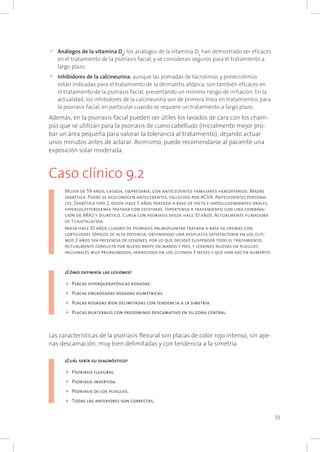 33
k	Análogos de la vitamina D3
: los análogos de la vitamina D3
han demostrado ser eficaces
en el tratamiento de la psoriasis facial, y se consideran seguros para el tratamiento a
largo plazo.
k	Inhibidores de la calcineurina: aunque las pomadas de tacrolimús y pimecrolimús
están indicadas para el tratamiento de la dermatitis atópica, son también eficaces en
el tratamiento de la psoriasis facial, presentando un mínimo riesgo de irritación. En la
actualidad, los inhibidores de la calcineurina son de primera línea en tratamientos para
la psoriasis facial, en particular cuando se requiere un tratamiento a largo plazo.
Además, en la psoriasis facial pueden ser útiles los lavados de cara con los cham-
pús que se utilizan para la psoriasis de cuero cabelludo (inicialmente mejor pro-
bar un área pequeña para valorar la tolerancia al tratamiento), dejando actuar
unos minutos antes de aclarar. Asimismo, puede recomendarse al paciente una
exposición solar moderada.
Caso clínico 9.2
Mujer de 59 años, casada, empresaria, con antecedentes familiares hereditarios: Madre
diabética. Padre se desconocen antecedentes, fallecido por ACVA. Antecedentes persona-
les: Diabética tipo 2, desde hace 5 años tratado a base de dieta e hipoglucemiantes orales,
hipercolesterolemia tratada con estatinas. Hipertensa a tratamiento con una combina-
ción de ARA2 y diurético. Cursa con psoriasis desde hace 10 años. Actualmente fumadora
de 1 cajetilla/día.
Inicia hace 10 años cuadro de psoriasis palmoplantar tratada a base de cremas con
corticoides tópicos de alta potencia, obteniendo una respuesta satisfactoria en los últi-
mos 2 años sin presencia de lesiones, por lo que decidió suspender todo el tratamiento.
Actualmente consulta por nuevo brote en manos y pies, y lesiones nuevas en pliegues
inguinales muy pruriginosos, aparecidos en los últimos 3 meses y que han ido en aumento.
¿Cómo definiría las lesiones?
4	Placas hiperqueratósicas rosadas.
4	Placas engrosadas rosadas asimétricas.
4	Placas rosadas bien delimitadas con tendencia a la simetría.
4	Placas bilaterales con predominio descamativo en su zona central.
Las características de la psoriasis flexural son placas de color rojo intenso, sin ape-
nas descamación, muy bien delimitadas y con tendencia a la simetría.
¿Cuál sería su diagnóstico?
4	Psoriasis flexural.
4	Psoriasis invertida.
4	Psoriasis de los pliegues.
4	Todas las anteriores son correctas.
 