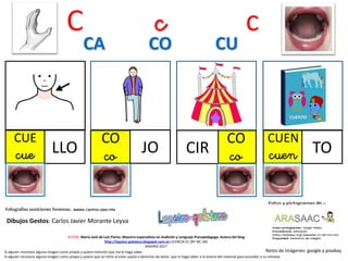 C c c
CUE
cue LLO
CO
co JO
CO
coCIR
CA CO CU
Resto de imágenes: google y pixabay
AUTOR: María José de Luis Flores. Maestra especialista en Audición y Lenguaje-Psicopedagoga. Autora del blog
http://lapsico-goloteca.blogspot.com.es LICENCIA CC (BY-NC-SA)
MADRID 2017
Si alguien reconoce alguna imagen como propia y quiere mención que me lo haga saber.
Si alguien reconoce alguna imagen como propia y quiere que se retire al estar sujeta a derechos de autor, que lo haga saber a la autora del material para proceder a su retirada.
CUEN
cuen TO
Dibujos Gestos: Carlos Javier Morante Leyva
 